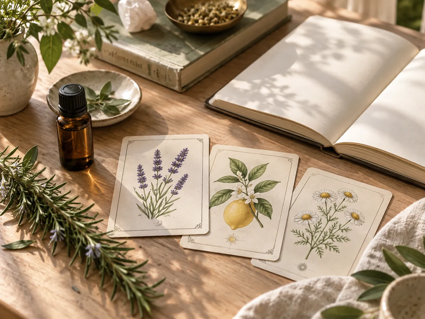 薰衣草、柑橘与洋甘菊植物牌卡的学习桌面