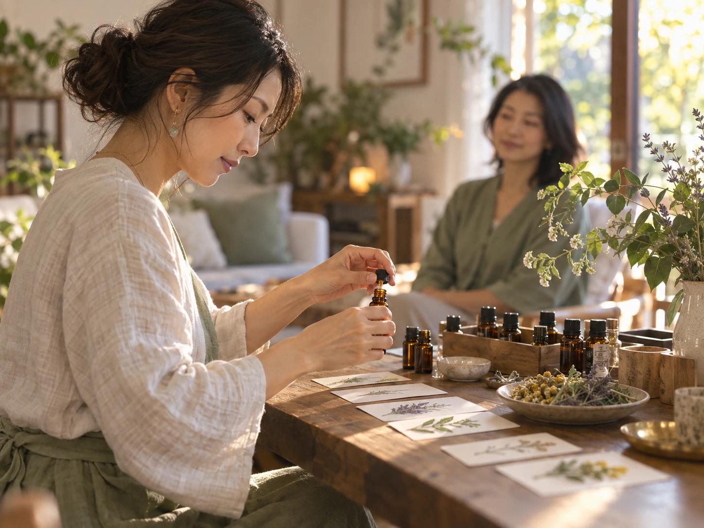 芳疗师在温暖的空间里准备精油与植物牌卡