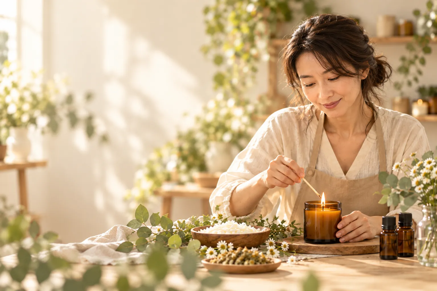 暖光中点燃手作香薰蜡烛
