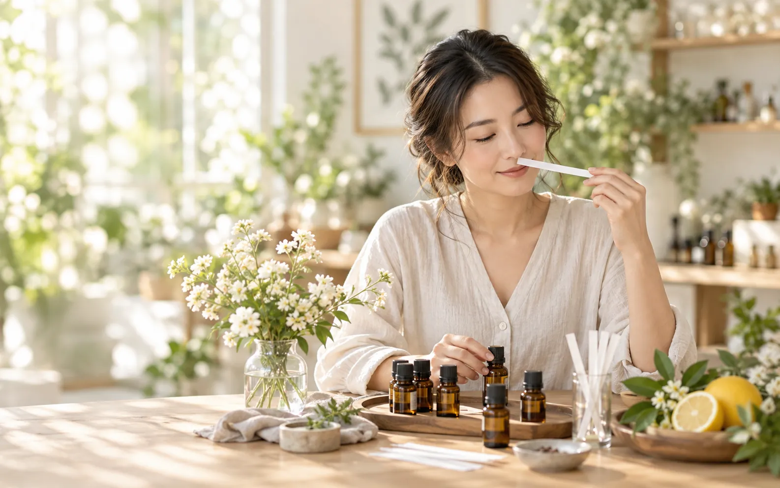 体验者在精油香水工作坊中闻香选择