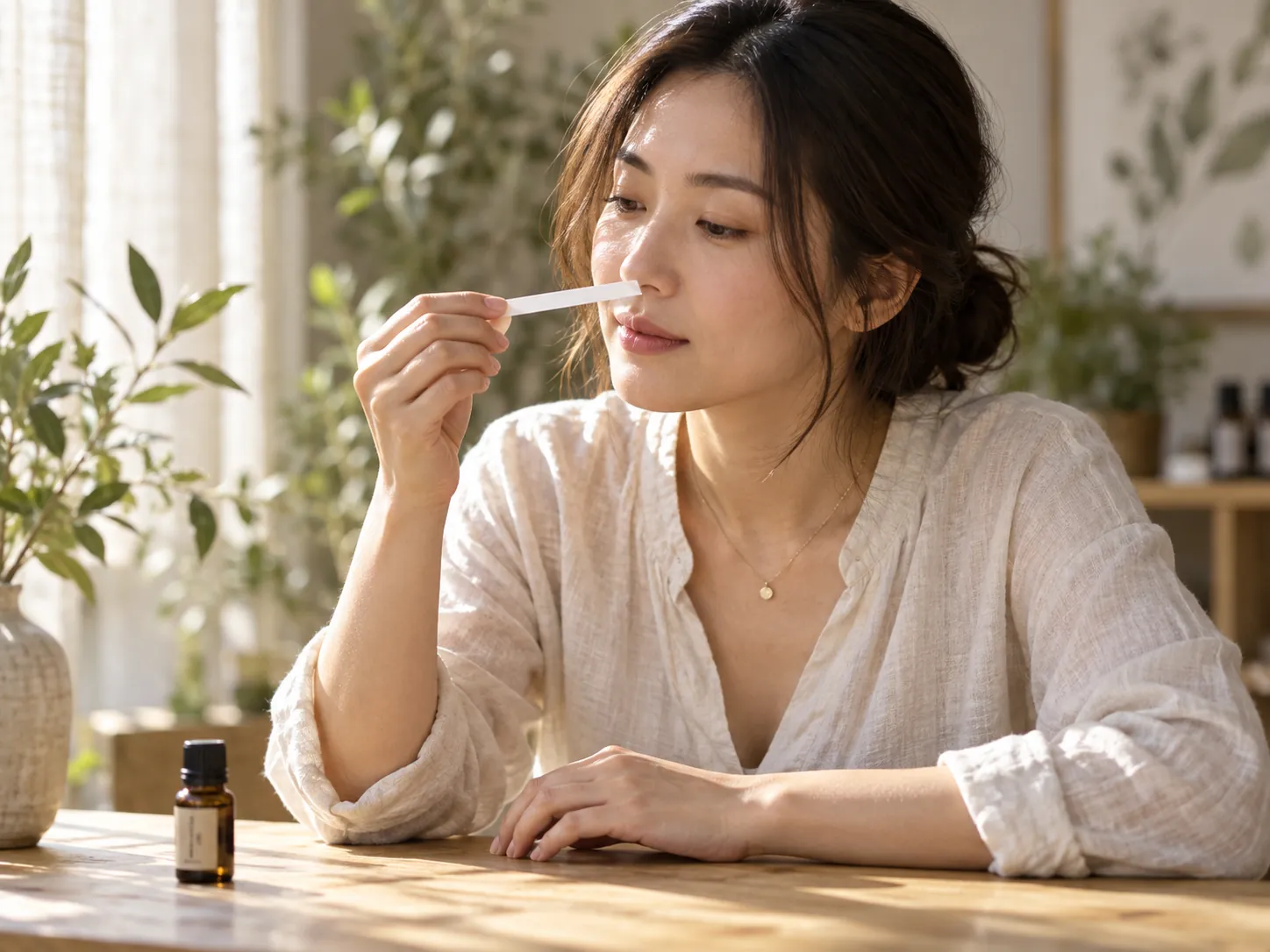参与者手持闻香纸，细细感受香气